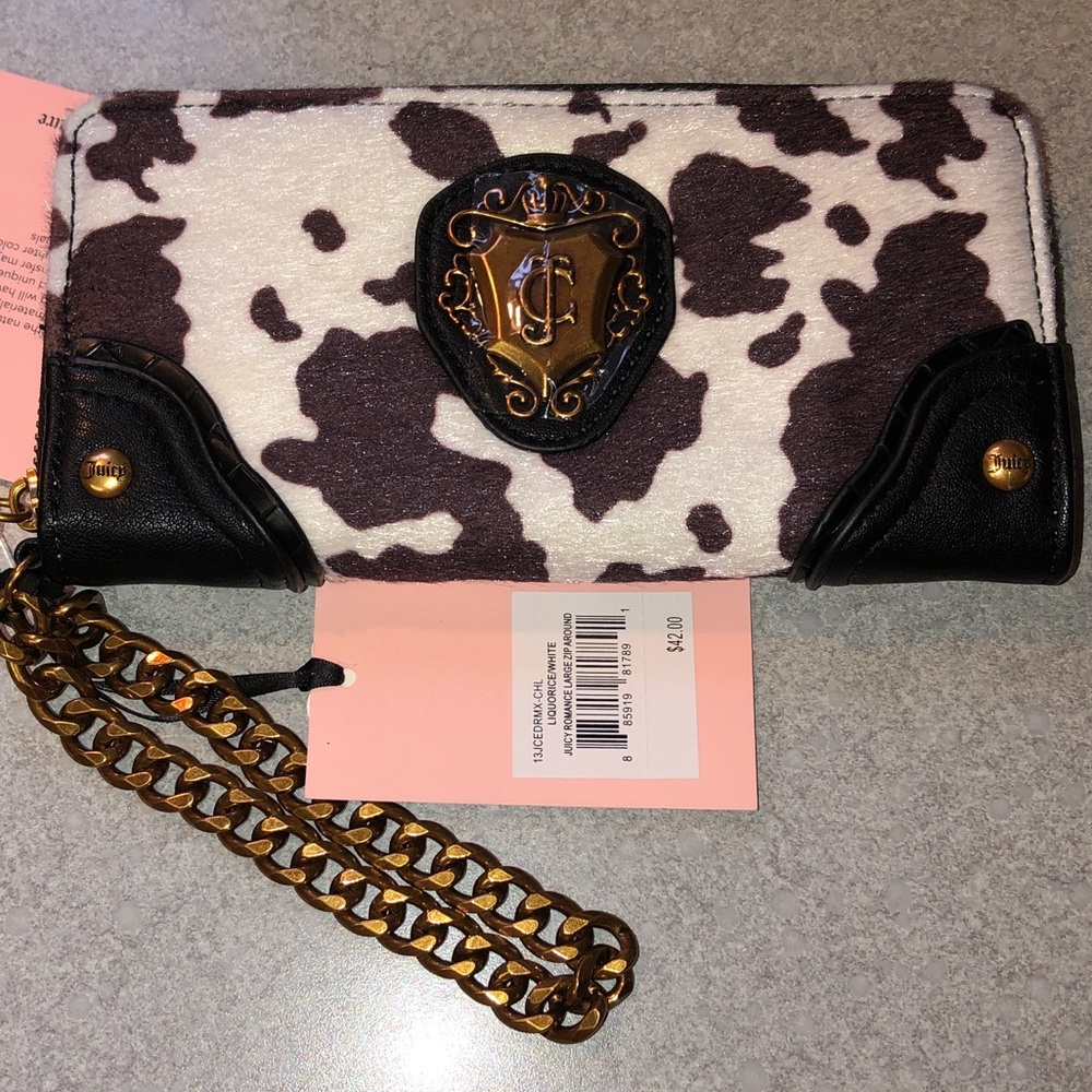 Juicy Couture Liqourice White Cow Print Juicy Romance Large ZA Wallet NWT